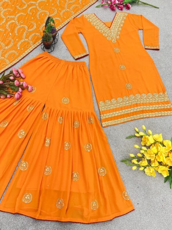 Heavy Faux Georgette Top with Embroidery Sequin, Sharara, and Dupatta Set - Image 3