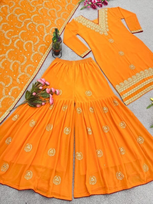 Heavy Faux Georgette Top with Embroidery Sequin, Sharara, and Dupatta Set - Image 6
