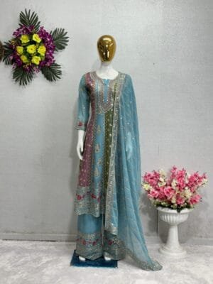 New Designer Embroidery Sequin Work Top with Palazzo Kurta Set | Blue