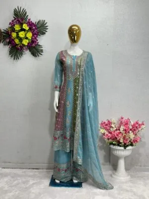 New Designer Embroidery Sequin Work Top with Palazzo Kurta Set | Blue