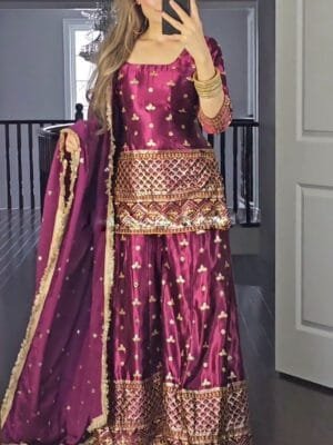 Satin Silk Kurta Set with Heavy Embroidery & Sequin Work | Pink