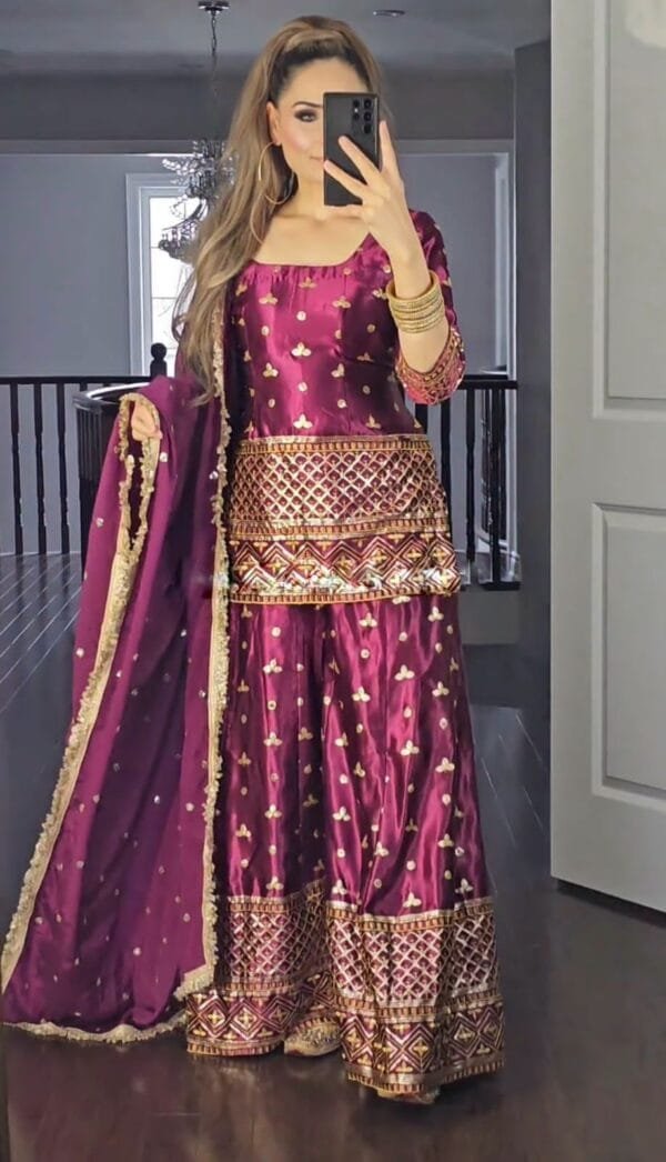 Satin Silk Kurta Set with Heavy Embroidery & Sequin Work | Pink