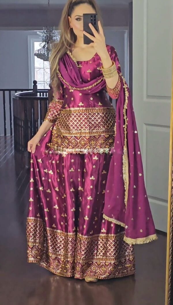 Satin Silk Kurta Set with Heavy Embroidery & Sequin Work | Pink - Image 2