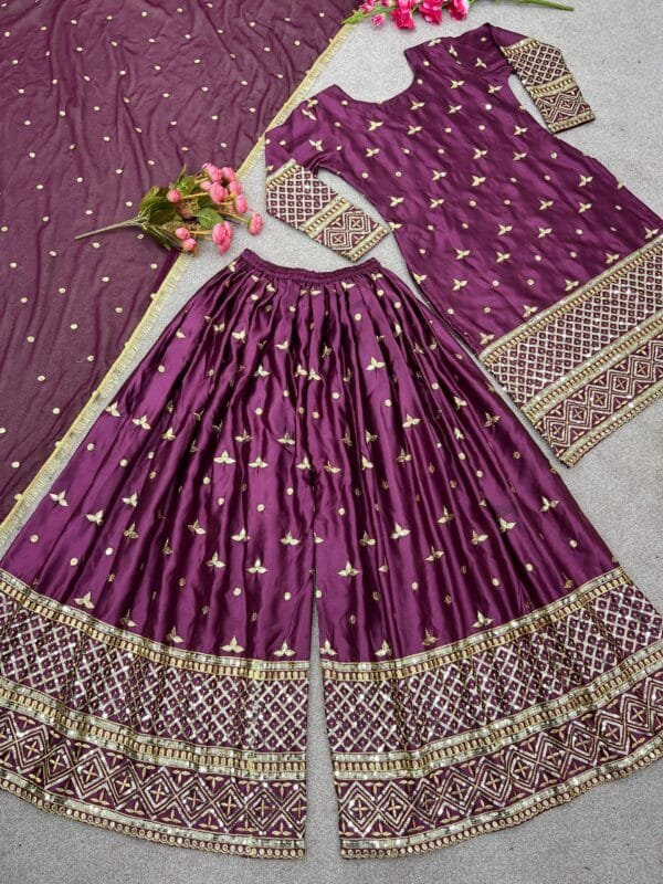 Satin Silk Kurta Set with Heavy Embroidery & Sequin Work | Pink - Image 3