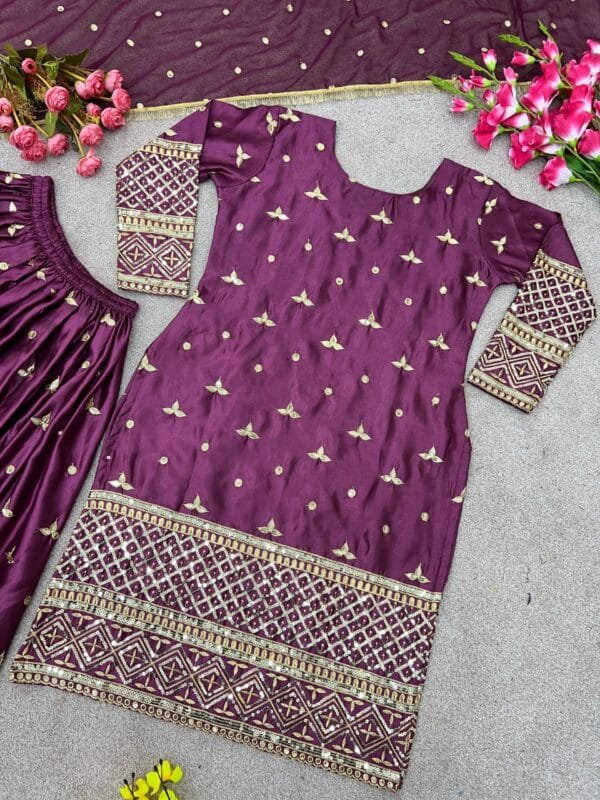 Satin Silk Kurta Set with Heavy Embroidery & Sequin Work | Pink - Image 4