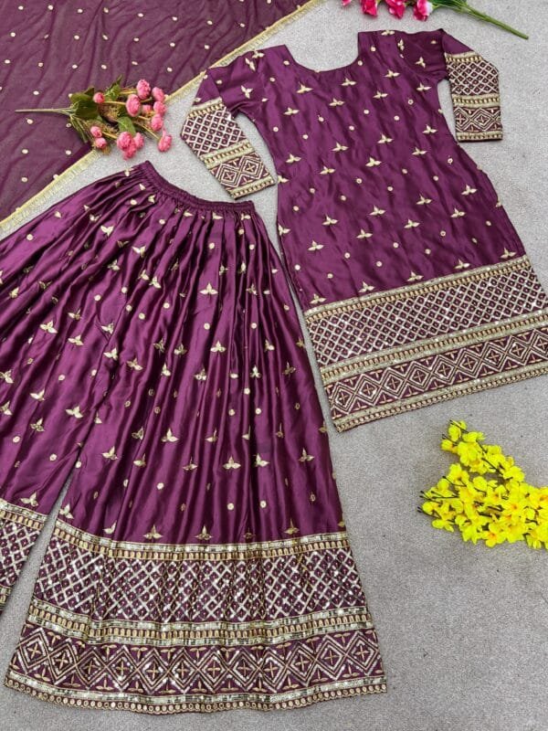 Satin Silk Kurta Set with Heavy Embroidery & Sequin Work | Pink - Image 5