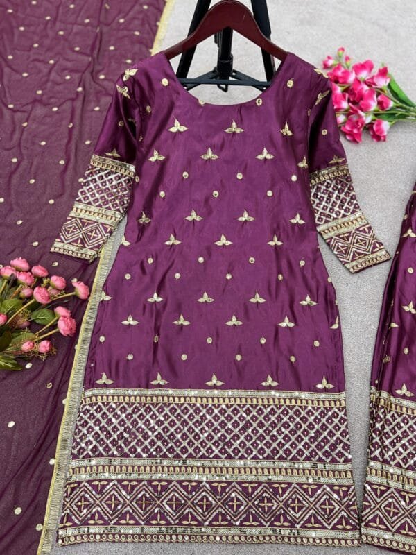 Satin Silk Kurta Set with Heavy Embroidery & Sequin Work | Pink - Image 6