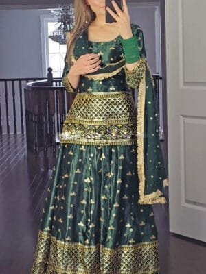 Satin Silk Kurta Set with Heavy Embroidery & Sequin Work | Green