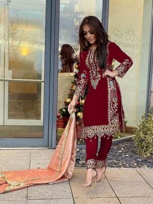Viscose Velvet With Kurta Set with Embroidery & Sequine Work | Red