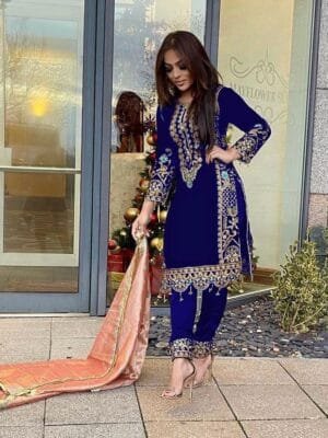 Viscose Velvet With Kurta Set with Embroidery & Sequine Work | Blue
