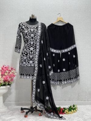 Designer Heavy Faux Georgette Top with Sharara Suit | Black/Blue/Green/Pink