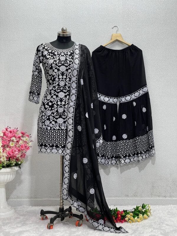 Designer Heavy Faux Georgette Top with Sharara Suit | Black/Blue/Green/Pink