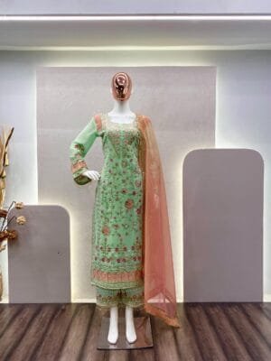 Faux Georgette Sequin Embroidery Suit with Stitched Pant and Twill Simmer Net Dupatta | Green