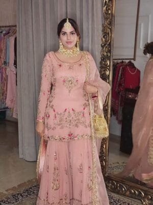 Fancy Embroidery and Sequins Work Kurta with Sharara and Dupatta | Pink