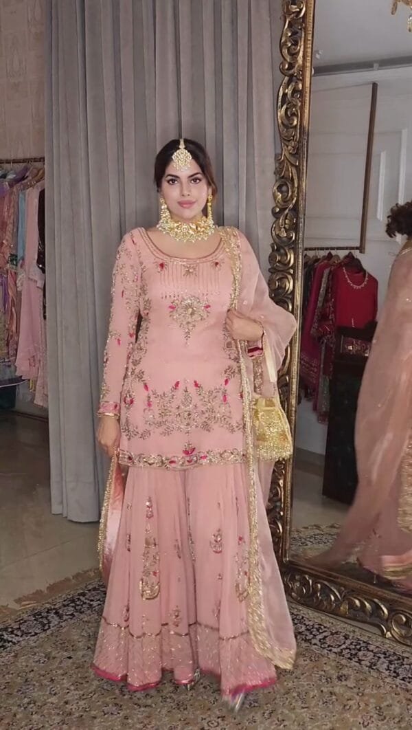 Fancy Embroidery and Sequins Work Kurta with Sharara and Dupatta | Pink