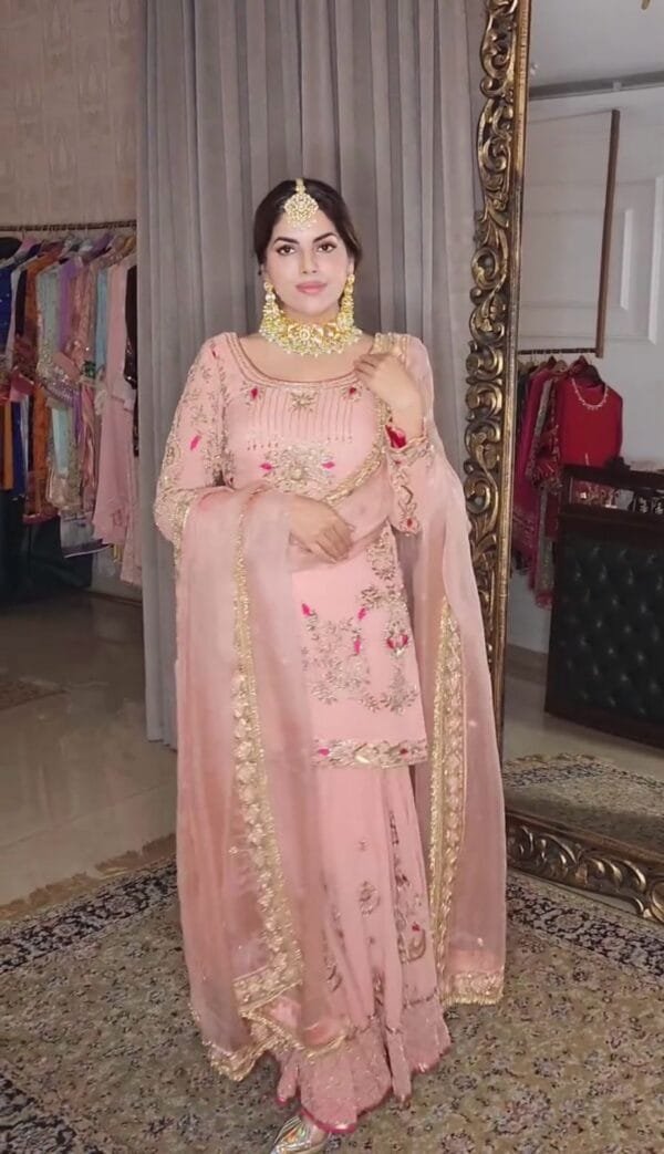 Fancy Embroidery and Sequins Work Kurta with Sharara and Dupatta | Pink - Image 2