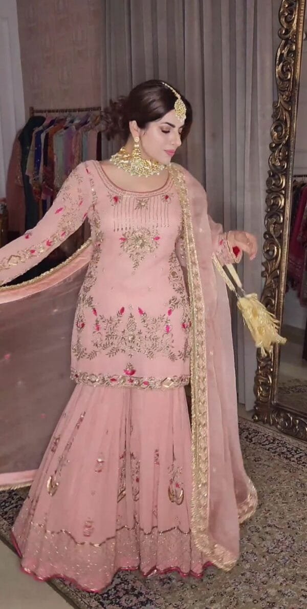 Fancy Embroidery and Sequins Work Kurta with Sharara and Dupatta | Pink - Image 3
