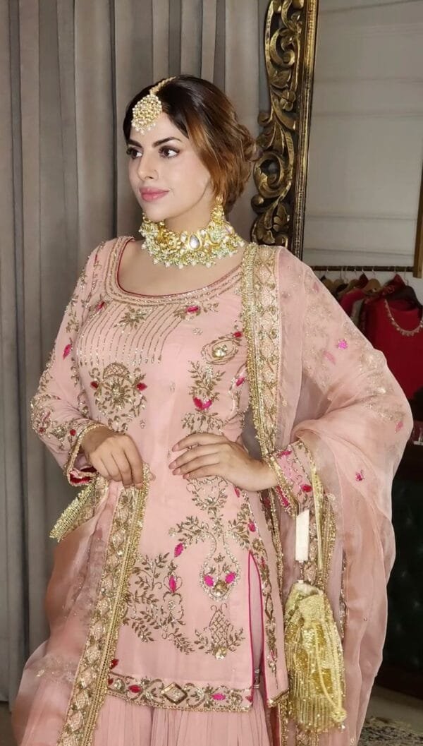 Fancy Embroidery and Sequins Work Kurta with Sharara and Dupatta | Pink - Image 4