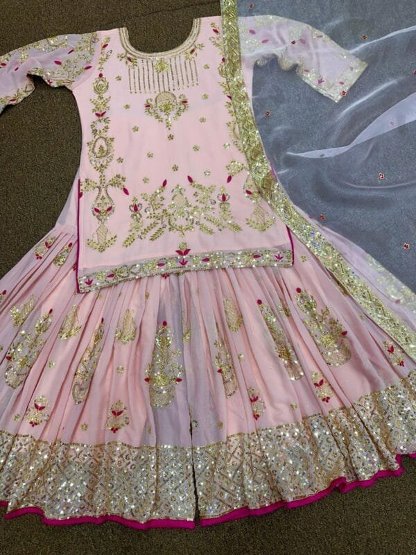 Fancy Embroidery and Sequins Work Kurta with Sharara and Dupatta | Pink - Image 5
