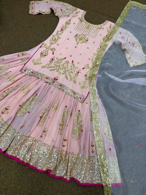 Fancy Embroidery and Sequins Work Kurta with Sharara and Dupatta | Pink - Image 6