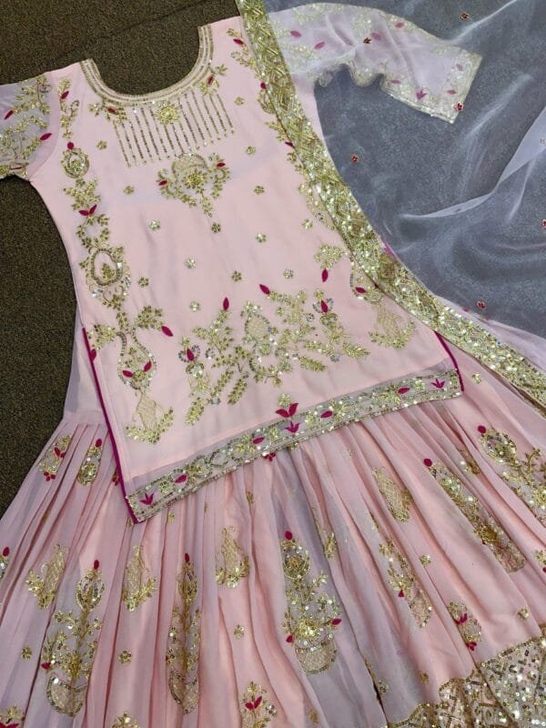 Fancy Embroidery and Sequins Work Kurta with Sharara and Dupatta | Pink - Image 7