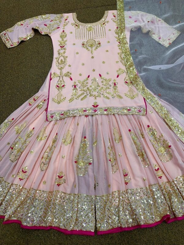 Fancy Embroidery and Sequins Work Kurta with Sharara and Dupatta | Pink - Image 8