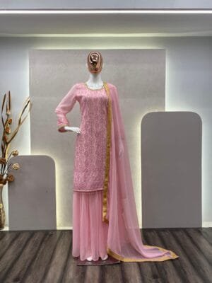 Georgette Sequin Embroidery Suit with Stitched Sharara and Lace Dupatta | Pink