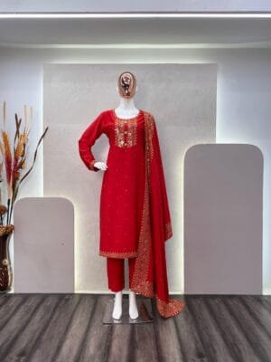 Silk Sequence Embroidery Ensemble with Churidar Pant and Organza Dupatta | Red