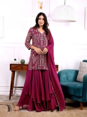 Sequence Embroidery Suit with Fancy Ruffle Palazzo and Dupatta | Red
