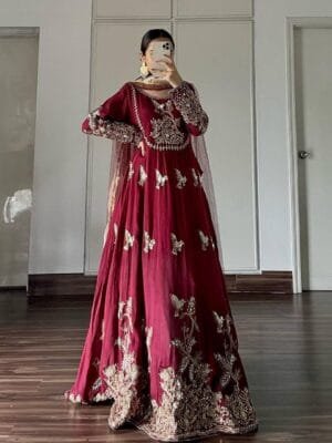 Faux Georgette Gown with Heavy Embroidery and 3-Meter Flair | Red