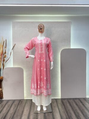 Embrace Style with Rayon Flair Top and Cotton Thread Embroidered Palazzo Set | Pink