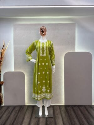 Embrace Style with Rayon Flair Top and Cotton Thread Embroidered Palazzo Set | Green