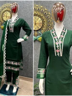 Cotton Silk Embroidered Kurta Set with Organza Dupatta | Green
