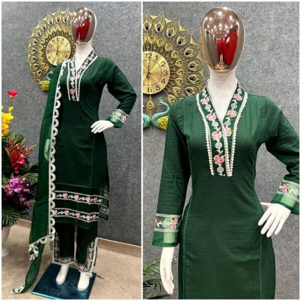 Cotton Silk Embroidered Kurta Set with Organza Dupatta | Green