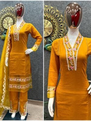 Cotton Silk Embroidered Kurta Set with Organza Dupatta | Mustard