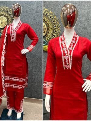 Cotton Silk Embroidered Kurta Set with Organza Dupatta | Red