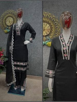 Cotton Silk Embroidered Kurta Set with Organza Dupatta | Black