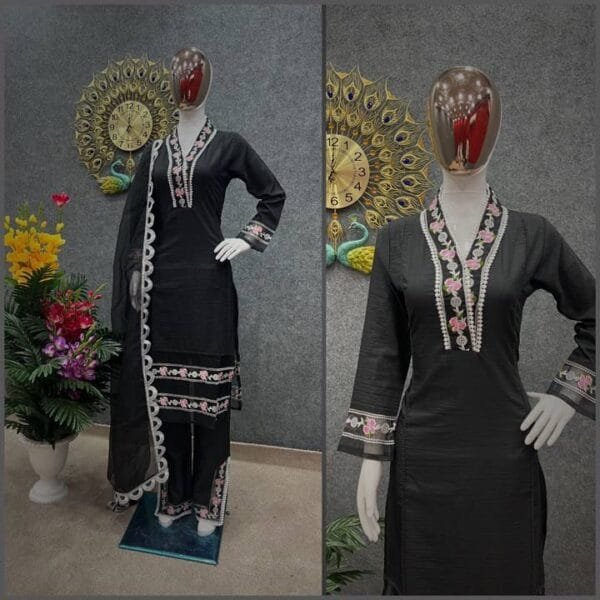 Cotton Silk Embroidered Kurta Set with Organza Dupatta | Black