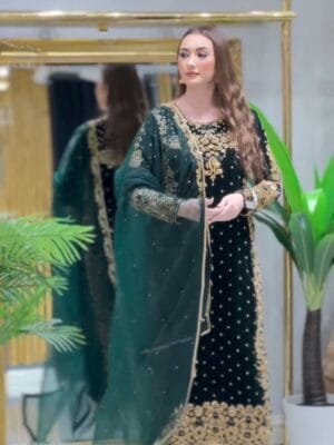 Velvet Suit with Embroidery, 3mm Sequins Work, and Fancy Dupatta | Green