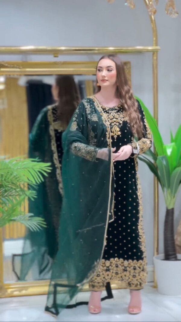 Velvet Suit with Embroidery, 3mm Sequins Work, and Fancy Dupatta | Green