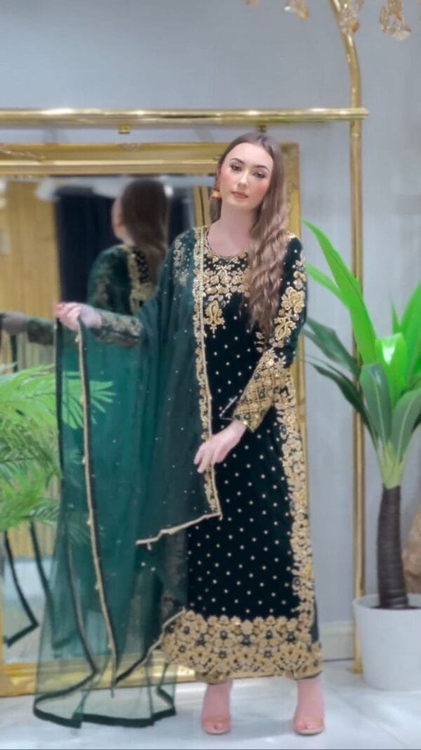 Velvet Suit with Embroidery, 3mm Sequins Work, and Fancy Dupatta | Green - Image 2