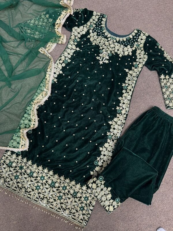 Velvet Suit with Embroidery, 3mm Sequins Work, and Fancy Dupatta | Green - Image 4