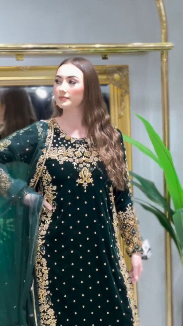 Velvet Suit with Embroidery, 3mm Sequins Work, and Fancy Dupatta | Green - Image 3