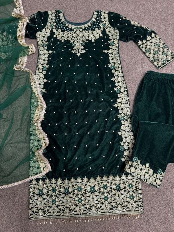 Velvet Suit with Embroidery, 3mm Sequins Work, and Fancy Dupatta | Green - Image 5