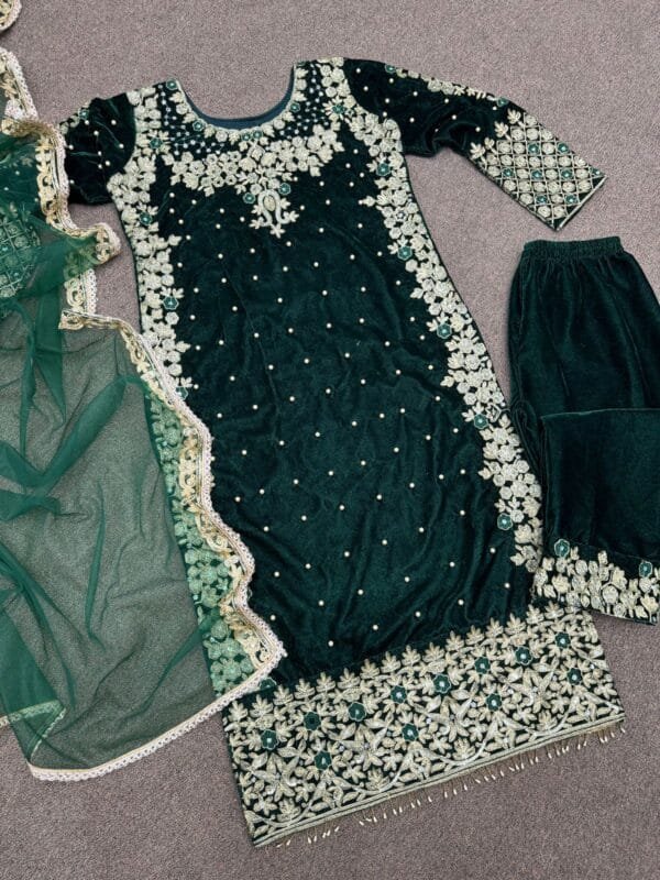 Velvet Suit with Embroidery, 3mm Sequins Work, and Fancy Dupatta | Green - Image 6
