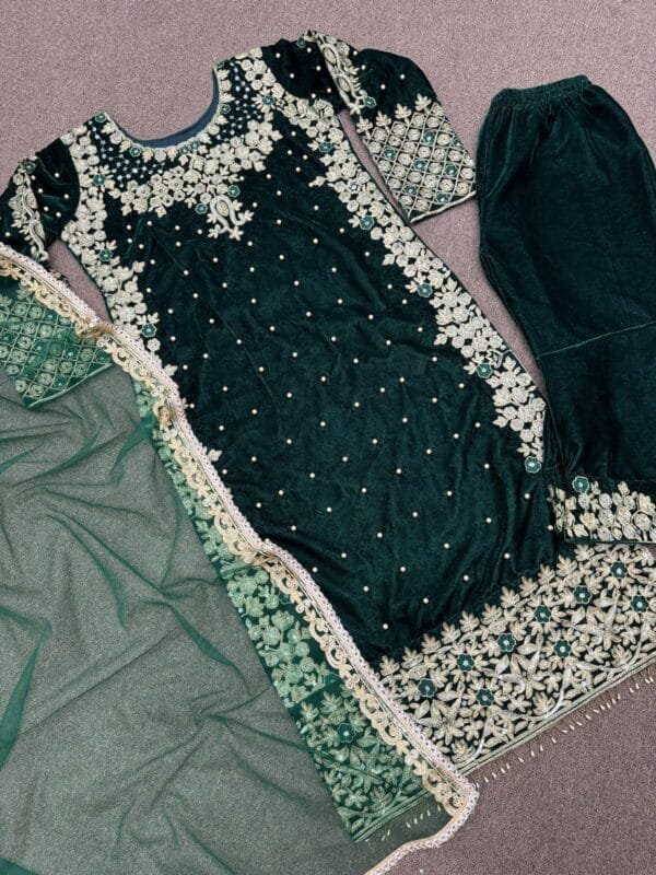 Velvet Suit with Embroidery, 3mm Sequins Work, and Fancy Dupatta | Green - Image 7