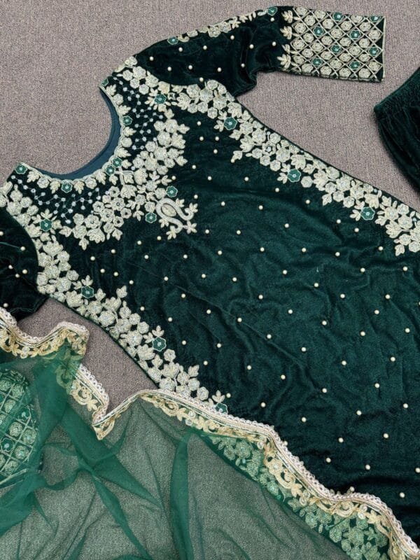 Velvet Suit with Embroidery, 3mm Sequins Work, and Fancy Dupatta | Green - Image 8