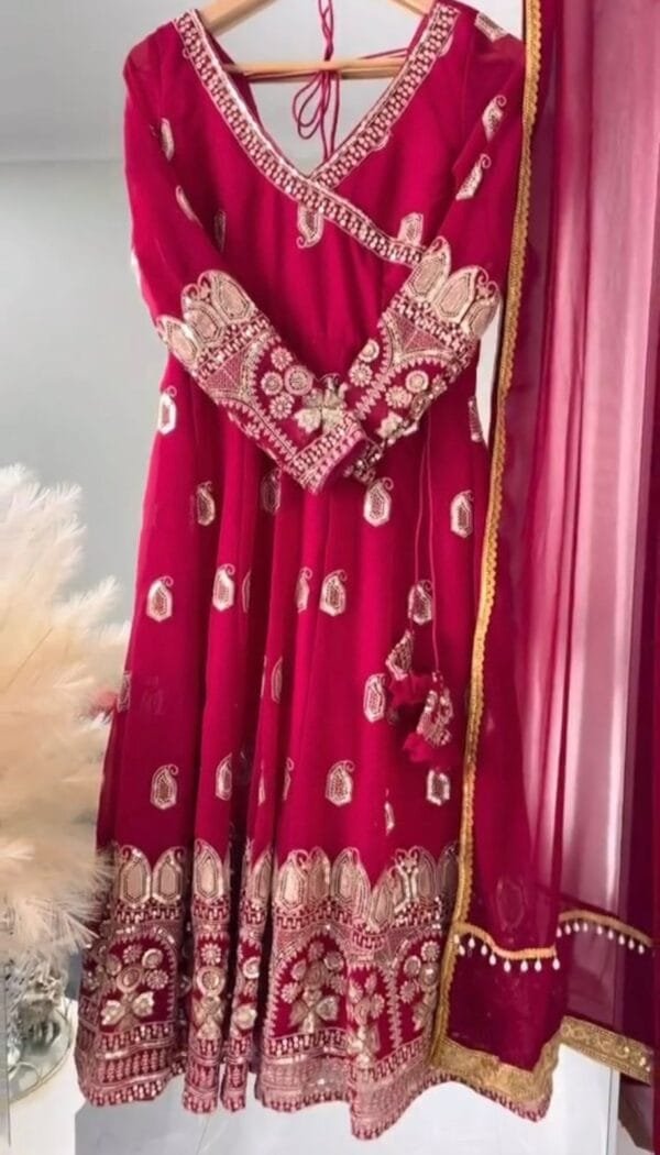 Designer Party Wear Gown with Heavy Embroidery & Sequin Work | Red - Image 3