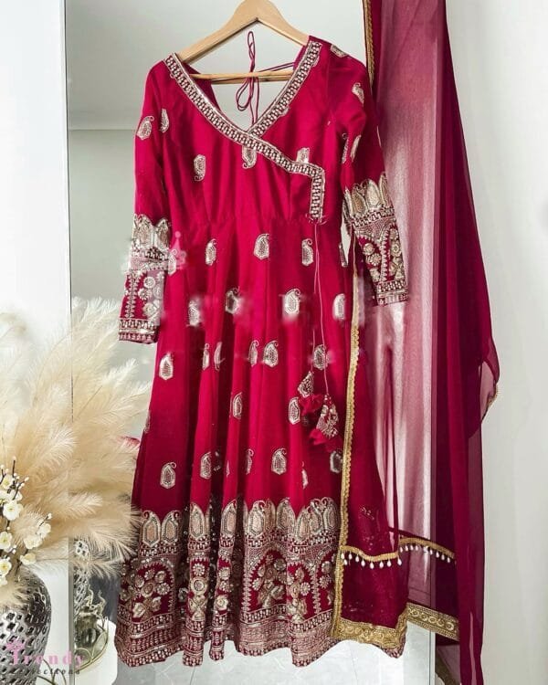 Designer Party Wear Gown with Heavy Embroidery & Sequin Work | Red - Image 4