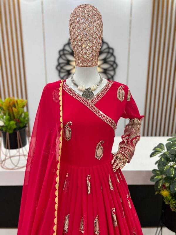 Designer Party Wear Gown with Heavy Embroidery & Sequin Work | Red - Image 2